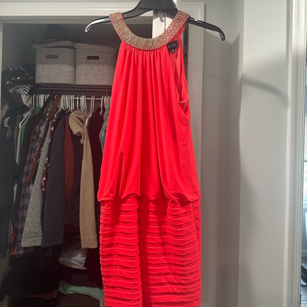 Xscape Red Dress with Gold Embellished Neckline